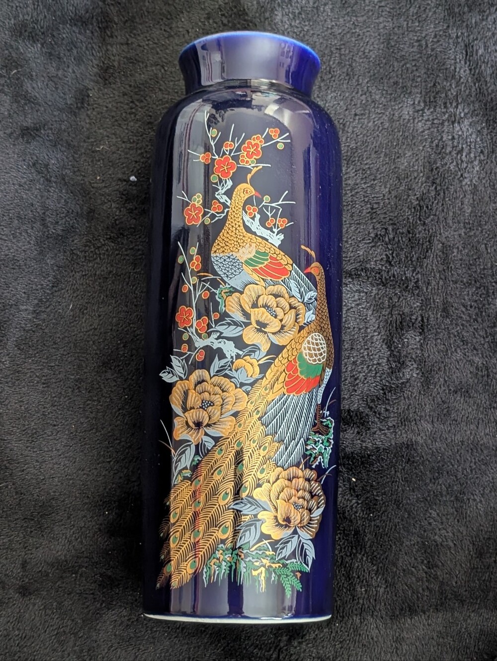 Japanese Blue Ceramic Vase with Gold Peacock Floral Design